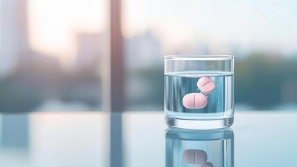 Pill dissolving in water, effervescent effect, flat design illustration