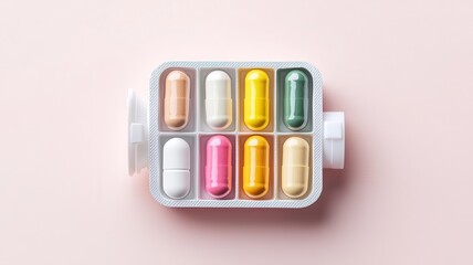 Pill organizer, weekly dosage with different capsules, flat design illustration