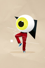 Vertical composite collage image picture of mini legs huge eyeball isolated on creative background