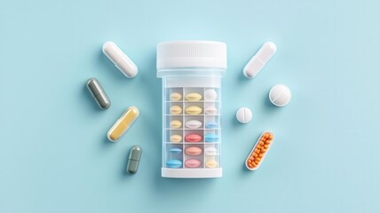 Pill organizer, weekly dosage with different capsules, flat design illustration