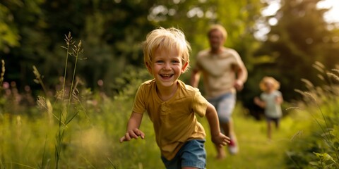 Fototapeta premium A young boy is captured mid-run, radiating joy and freedom as he sprints through a lush, green natural area, embodying the spirit of an adventurous summer day.