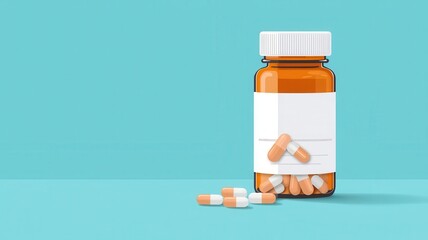 Prescription bottle, label with capsules pouring out, flat design illustration