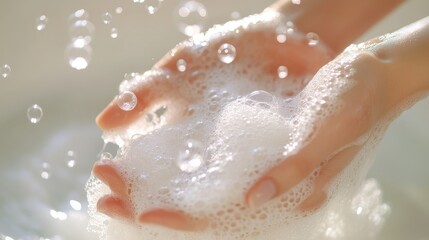 Fototapeta premium Close-up of Hands Washing with Soap Bubbles.
