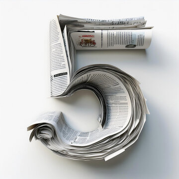 folhas de jornal aparados em n&uacute;mero 5 cinco isolados em fundo branco