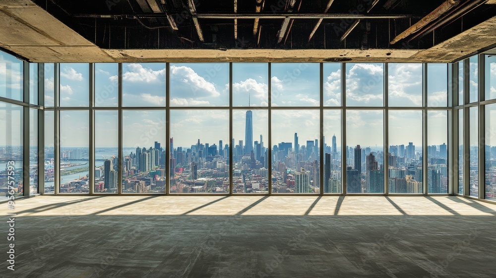 Wall mural A panoramic view of a city skyline through large windows in an empty high-rise space, showcasing urban architecture.