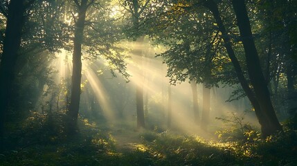 Obraz premium Mystical Forest Clearing with Dappled Sunlight at Dawn,Capturing the Beauty of Nature