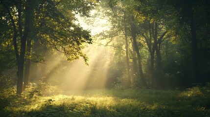 Obraz premium Dappled Sunlight Filters Through Enchanting Forest Clearing at Dawn
