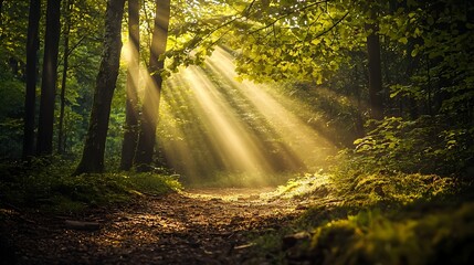 Enchanting Forest Clearing Bathed in Dappled Dawn Sunlight,Evoking Hope and Natural Beauty