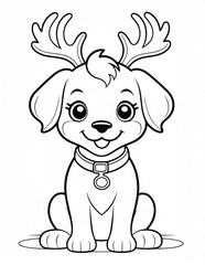 easy coloring page of a cartoon christmas puppy with reindeer antlers. ready to print on 8.5x11 inch paper