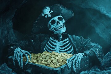 Pirate skeleton, guarding cursed gold, moonlit cave, Watercolor style