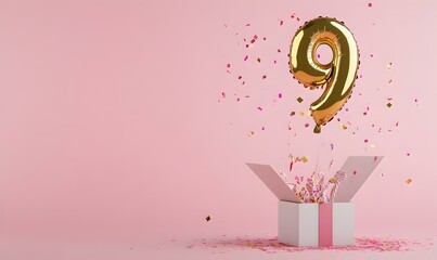 Happy birthday 9th with golden balloons and gift box on a pink background