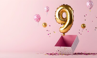 Happy birthday 9th with golden balloons and gift box on a pink background