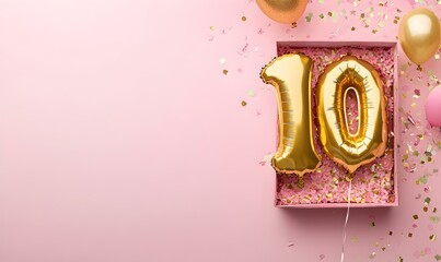 Happy birthday 10th with golden balloons and gift box on a pink background