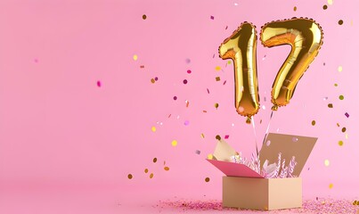 Happy birthday 17th with golden balloons and gift box on a pink background