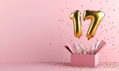Happy birthday 17th with golden balloons and gift box on a pink background