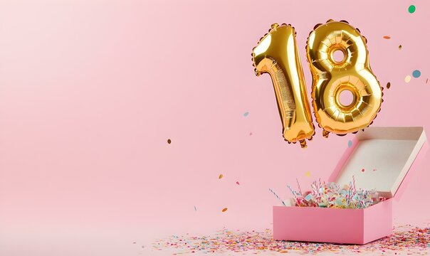 Happy birthday 18th with golden balloons and gift box on a pink background