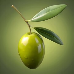 A single. vibrant green olive with dewy droplets. delicately perched on a twig with two lush leaves.