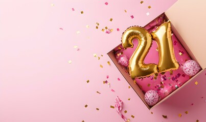 Happy birthday 21th with golden balloons and gift box on a pink background