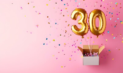 Happy birthday 30th with golden balloons and gift box on a pink background
