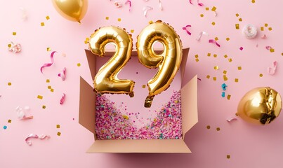 Happy birthday 29th with golden balloons and gift box on a pink background
