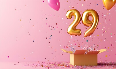 Happy birthday 29th with golden balloons and gift box on a pink background