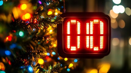 Digital clock shows New Year's Eve time on a lit Christmas tree wide-angle, natural lighting
