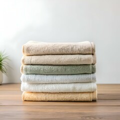 A stack of six fluffy towels in various neutral colors. neatly folded on a wooden surface.