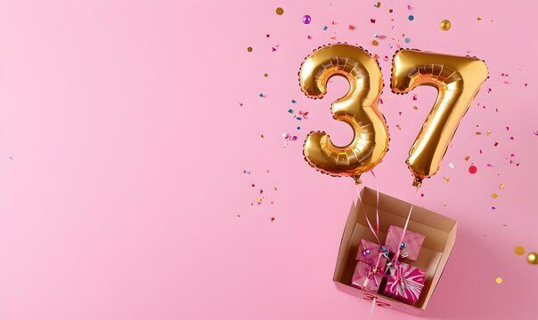 Happy birthday 37th with golden balloons and gift box on a pink background