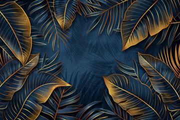 Elegant tropical leaf wallpaper with intricate golden banana leaf line arts and hand-drawn outlines, perfect for luxurious nature patterns in fabric, print, cover, banner, and invitation