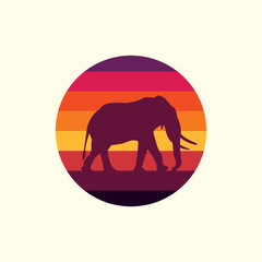 Silhouette of an elephant against a striped retro sunset. Original vector illustration in vintage style isolated on light background. T-shirt design.
