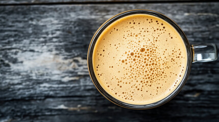 Top view of a cup of coffee with frothy crema on a rustic wooden table. The coffee is in a clear glass cup, showcasing the texture and color of the foam.