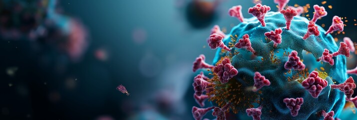 A close-up, highly detailed magnified image of the COVID-19 virus, showcasing its unique structure with prominent spike proteins in a vivid and engaging manner.