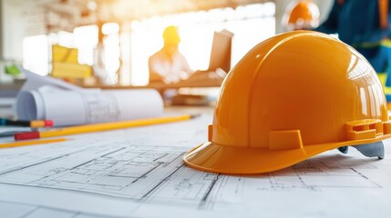 An orange hard hat rests on construction plans, symbolizing safety and professionalism in the construction industry.