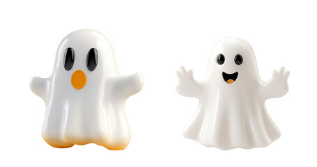 Two white ghosts, one with a big smile and the other with a small smile on a transparent background.