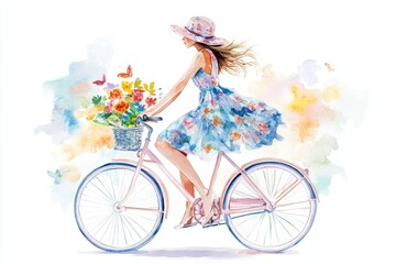 Beautifull  woman in hat and blue dres with flowers rides a bicycle at summer time, isolated on white background, watercolor illustration
