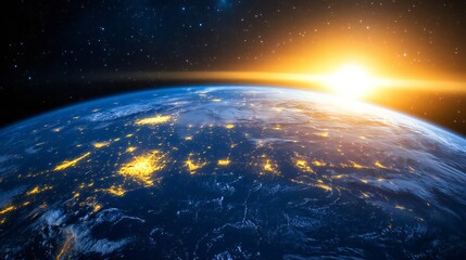 Planet Earth from space at sunrise, city lights visible, realistic photographic style, high resolution