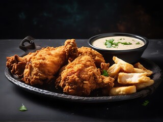 Delicious crispy fried Chicken drumsticks, wings surrounded by dipping sauces, lemon wedges, and fresh parsley