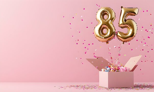 Happy birthday 85th with golden balloons and gift box on a pink background