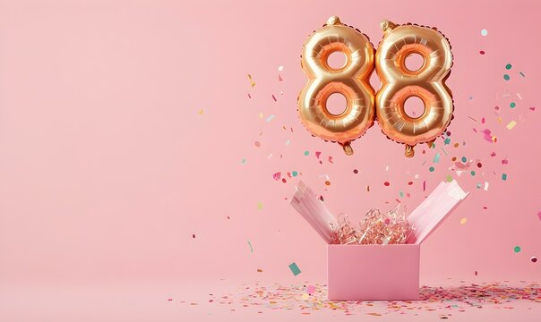 Happy birthday 88th with golden balloons and gift box on a pink background