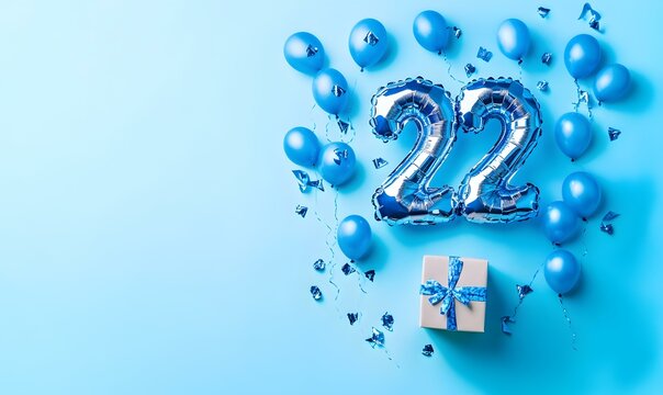 Happy birthday 22th with blue foil balloons and gift box on color background