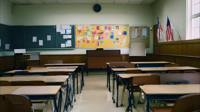 Empty classroom with desks arranged neatly around the room, featuring a blackboard, bulletin board filled with colorful papers, and flags in the background