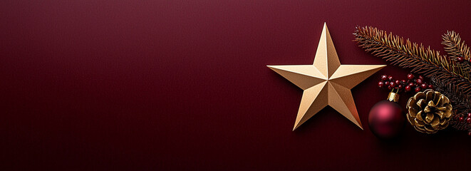 A simple yet elegant golden star ornament set against rich burgundy background, accompanied by festive pine branches, berries, and decorative pine cone.