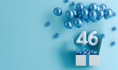 Happy birthday 46th with blue foil balloons and gift box on color background