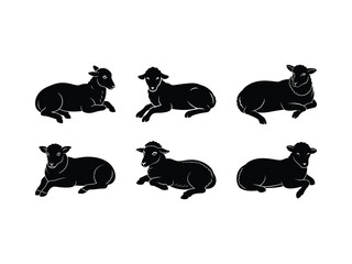 Set of Six Lying Sheep Silhouette Vector Illustrations
