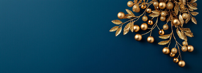 A minimal golden mistletoe with subtle sparkles hangs elegantly against deep blue background, creating festive and sophisticated atmosphere.