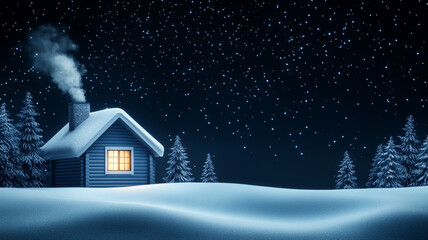 Fototapeta premium A peaceful snowy night with warmly lit house and smoke rising from chimney creates cozy atmosphere in winter landscape.