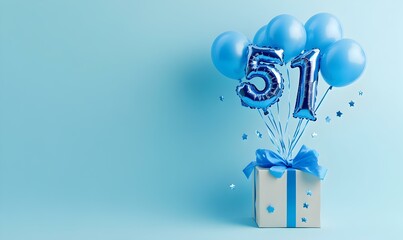 Happy birthday 51th with blue foil balloons and gift box on color background