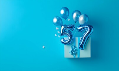 Happy birthday 57th with blue foil balloons and gift box on color background