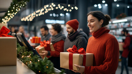 A festive store checkout counter with line of shoppers, each holding beautifully wrapped gifts, creates joyful holiday atmosphere.