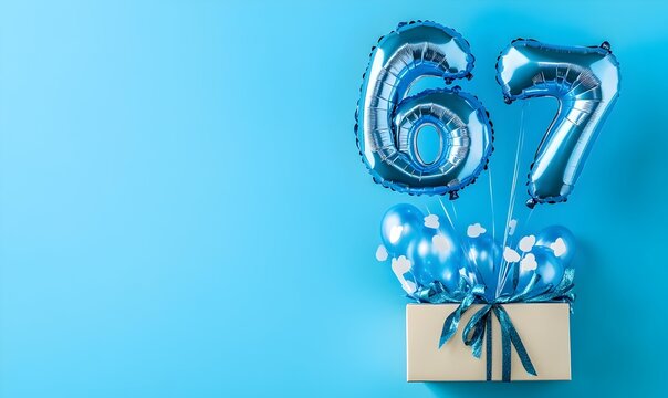 Happy birthday 67th with blue foil balloons and gift box on color background